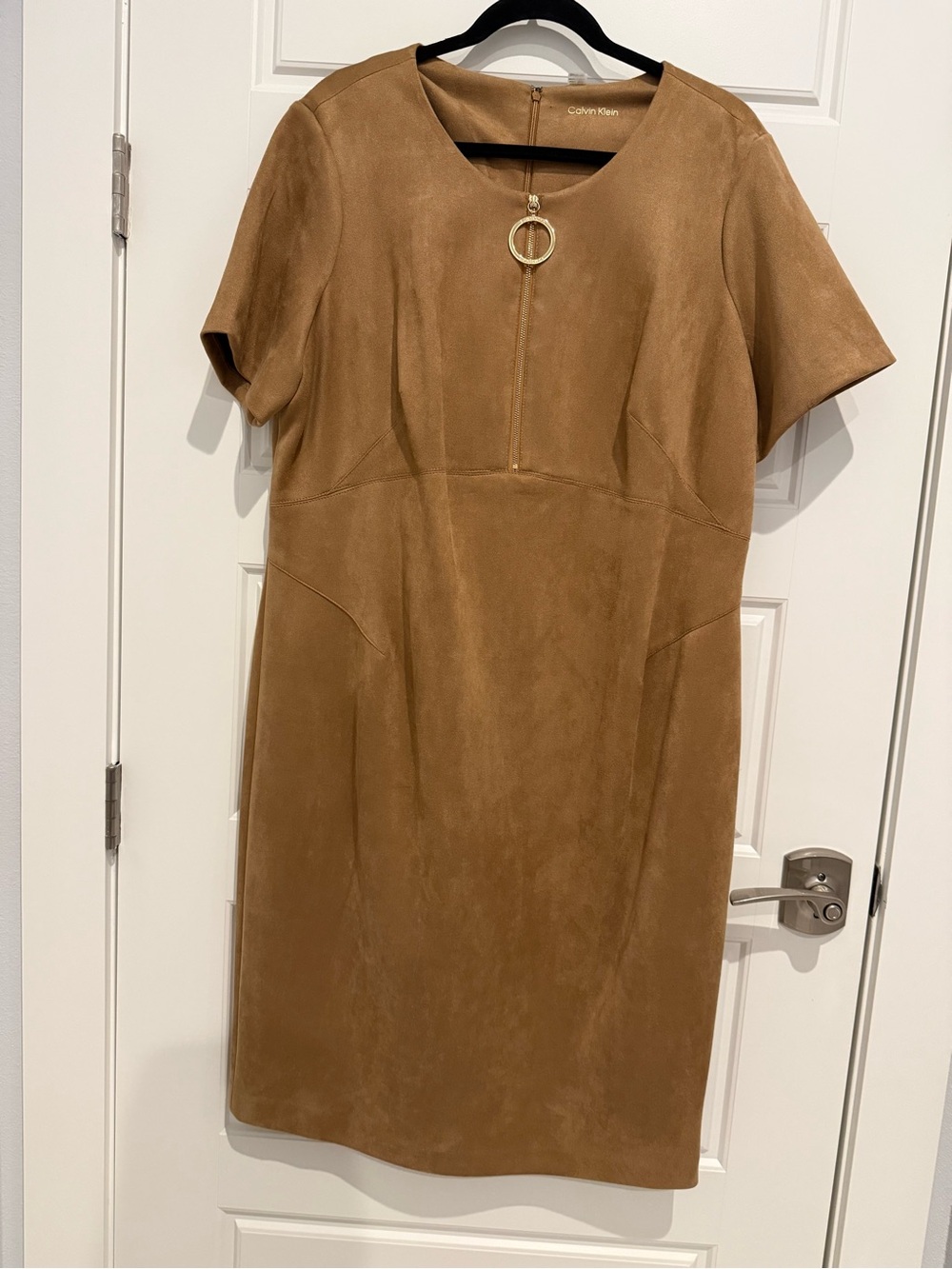 Calvin Klein Camel Suede Midi Dress with Gold Ring Zip